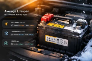 Infographic showing average car battery lifespan in hot, cold, and mild climates comparing flooded and AGM battery types with examples of flooded, AGM, EFB, and lithium car batteries.
