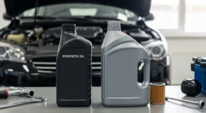 Synthetic and conventional engine oil bottles beside a car engine