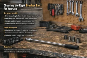 A realistic breaker bar placed on a garage workbench with socket sets and tools, illustrating different drive sizes and lengths for automotive tasks like lug nuts and axle nuts.