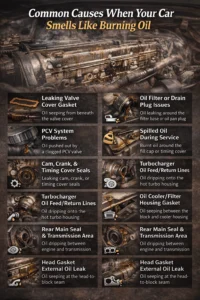 Infographic showing multiple causes of burning oil smell in a car, including leaking valve cover gasket, oil filter issues, PCV problems, spilled oil, turbo leaks, and engine seal failures
