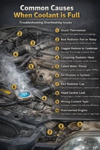Car engine overheating with full coolant showing common causes like thermostat failure, radiator fan issue, clogged radiator, water pump failure, and air pockets in the cooling system.