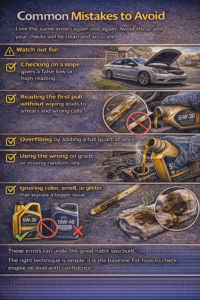 Realistic infographic showing common mistakes when checking engine oil level, including checking on a slope, not wiping the dipstick before reading, overfilling oil, using the wrong oil grade, and ignoring unusual oil color, smell, or metal particles.