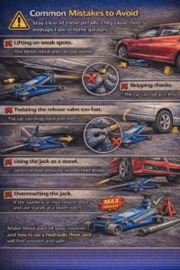 Realistic infographic showing common mistakes when using a hydraulic floor jack, including lifting from weak points, skipping wheel chocks, lowering the jack too quickly, using the jack instead of jack stands, and overextending the jack height during car lifting.