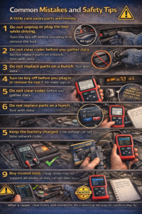 Realistic infographic showing OBD2 scanner safety tips, including not plugging or unplugging the scanner while driving, turning the key off before connecting, avoiding clearing codes too early, testing parts with data, keeping the battery charged, and using reliable diagnostic tools.