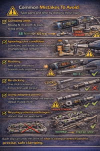 Realistic infographic showing common torque wrench mistakes, including mixing N·m and ft-lb units, ignoring lubrication effects, rushing pulls, re-clicking after torque is reached, misusing extensions, and skipping proper tightening patterns that can warp engine parts.