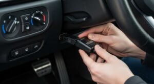 Person plugging OBD2 scanner into car diagnostic port under dashboard