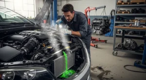 Car engine with coolant leak and steam under open hood being inspected