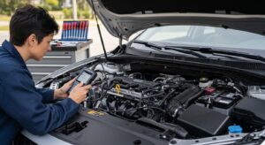 Using OBD2 scanner to diagnose engine problems under open hood