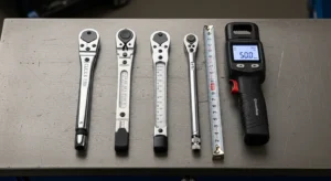 Click, beam, and digital torque wrenches displayed on workshop table
