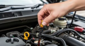 Driver inspecting noisy car engine due to low oil level
