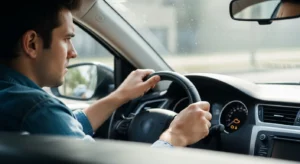 Yellow check engine light illuminated on a modern car dashboard