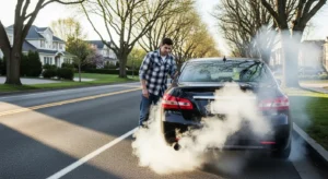 Driver observing white smoke coming from car exhaust on roadside