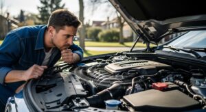 Dirty dark engine oil visible on dipstick during inspection
