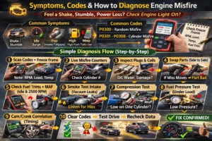 Detailed infographic showing engine misfire symptoms like rough idle, power loss, and blinking check engine light, along with OBD codes P0300 and P0301–P0308, and a step-by-step diagnostic flow including scanning codes, checking misfire counters, inspecting plugs and coils, testing fuel trims, smoke testing for vacuum leaks, and performing compression tests.