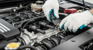 Mechanic removing faulty ignition coil from car engine