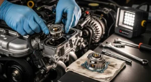 Mechanic inspecting and replacing a faulty thermostat in a car engine