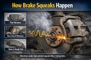 Close-up infographic of a car brake rotor, caliper, and brake pad showing how pad vibration, rust, dust, moisture, and worn pads can cause high-pitched brake squeaks