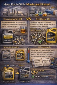Realistic infographic comparing conventional and synthetic engine oil, explaining how each oil is produced, viscosity grades like 0W-20 and 5W-30, and oil approvals such as API SP, ILSAC GF-6, and Dexos standards for modern engines.