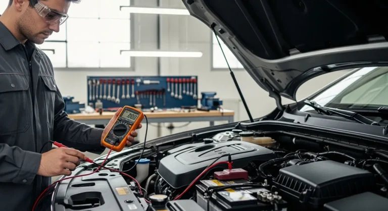 Mechanic using a digital multimeter to test a car battery under the hood