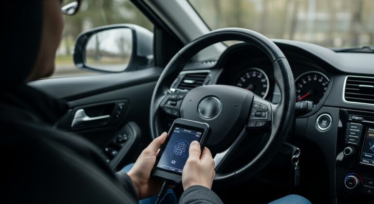 Person using OBD2 scanner inside car to diagnose engine issues