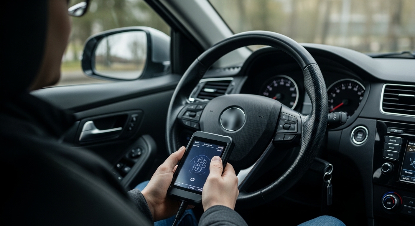 Person using OBD2 scanner inside car to diagnose engine issues