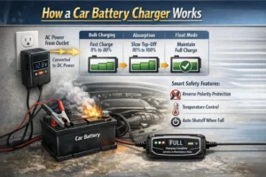 Illustration showing a car battery charger connected to a battery, explaining AC to DC conversion, bulk charging, absorption stage, float mode, and smart safety features like reverse polarity protection and auto shutoff