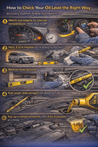 Realistic step-by-step infographic showing how to properly check engine oil level, including warming the engine, waiting for oil to drain, parking on level ground, using the dipstick correctly, reading the oil marks, and topping up oil in small amounts.