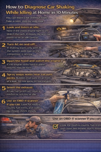 Realistic infographic showing step-by-step checks to diagnose car shaking at idle, including watching the tachometer, turning the AC on and off, inspecting engine mounts, checking for vacuum leaks with soapy water, smelling exhaust for rich fuel odor, and scanning with an OBD-II reader for misfire codes.