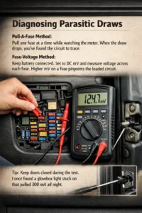 Mechanic diagnosing a car parasitic battery drain by testing the fuse box with a digital multimeter using the fuse voltage drop method.