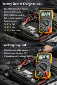 A realistic car maintenance image showing a digital multimeter connected to a car battery to check battery state of charge and cranking voltage drop.