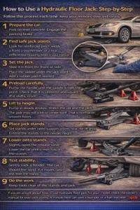 Realistic infographic showing how to safely use a hydraulic floor jack, including parking on level ground, finding proper jack points, positioning the jack saddle, lifting the car, placing jack stands, lowering the vehicle onto stands, testing stability, and lowering the car after repairs.