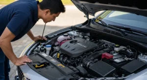 Driver inspecting car engine after check engine light warning