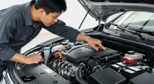 Person inspecting car engine components under open hood