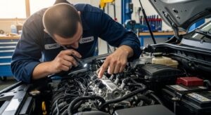 Mechanic inspecting fuel system components to diagnose starting problem