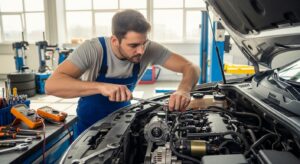 Mechanic checking car starter motor under open hood