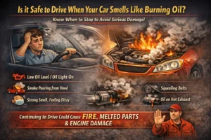 Illustration of a car with smoke and fire coming from the engine, showing warning signs like low oil level, heavy smoke, and burning oil smell indicating it may be unsafe to drive