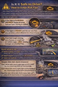 Realistic infographic explaining when it is safe to drive with a check engine light on, showing the difference between flashing and steady lights, warning signs like rough running or power loss, and quick safety tips such as reducing speed and monitoring engine temperature. 🚗