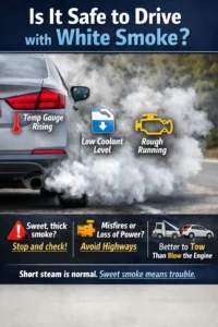 Car emitting thick white smoke from the exhaust with warning signs about rising temperature, low coolant level, and rough engine performance indicating potential engine trouble