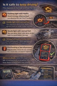 Realistic infographic explaining when it is safe to drive with a check engine light, including flashing misfire warnings, steady check engine light with normal driving, strong fuel smell or sulfur odor, and overheating or low oil pressure warnings.