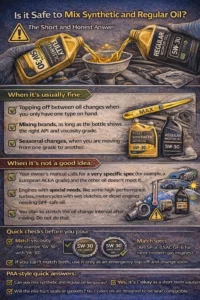Realistic infographic explaining whether it is safe to mix synthetic and regular engine oil, including when mixing is acceptable, when it should be avoided, and quick checks like matching viscosity and API specifications before topping off engine oil. 🚗