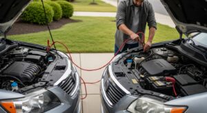 Two cars connected with jumper cables to start a dead battery
