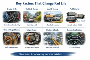 Infographic showing factors that influence brake pad lifespan, including driving style, traffic conditions, vehicle load, pad material, rotor condition, weather, and regenerative braking systems