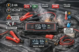 Realistic car battery charger connected to a vehicle battery, highlighting key features such as amperage output, voltage support, battery chemistry modes, safety protection, repair mode, IP65 resistance, digital display, heavy-duty clamps, and long cables
