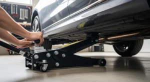 Lowering a car carefully using hydraulic floor jack release valve