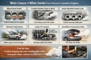 Infographic showing common causes of white smoke from a gasoline car exhaust, including blown head gasket, cracked engine block, intake gasket leak, condensation, PCV issues, and transmission fluid problems