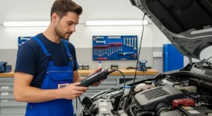 Mechanic using OBD2 scanner to diagnose check engine light issue