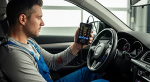 Mechanic using OBD2 scanner to diagnose check engine light problem