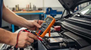 mechanic using multimeter to test car battery voltage in a garage