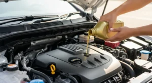 Pouring motor oil into car engine oil filler opening