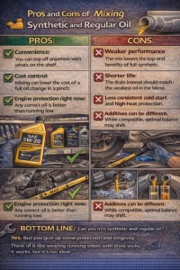 Realistic infographic explaining the pros and cons of mixing synthetic and conventional motor oil, including convenience for topping off, cost savings, reduced performance benefits, shorter oil life, and differences in additive packages.